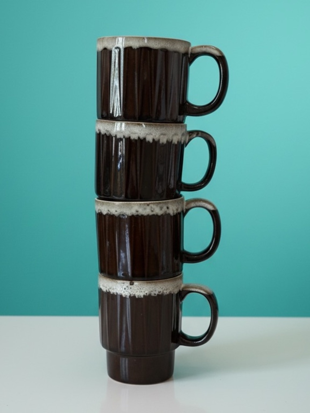 MCM Dark Brown White Drip Glaze Ribbed Stacking Coffee Mug Set of 4